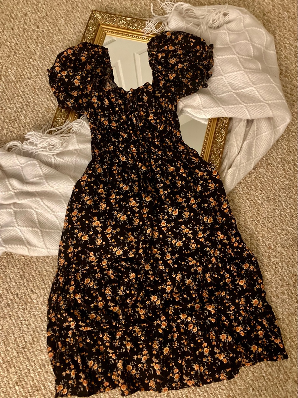 Liberty Love Black Floral Smocked Puff-Sleeve Midi Dress with Mustard Accents